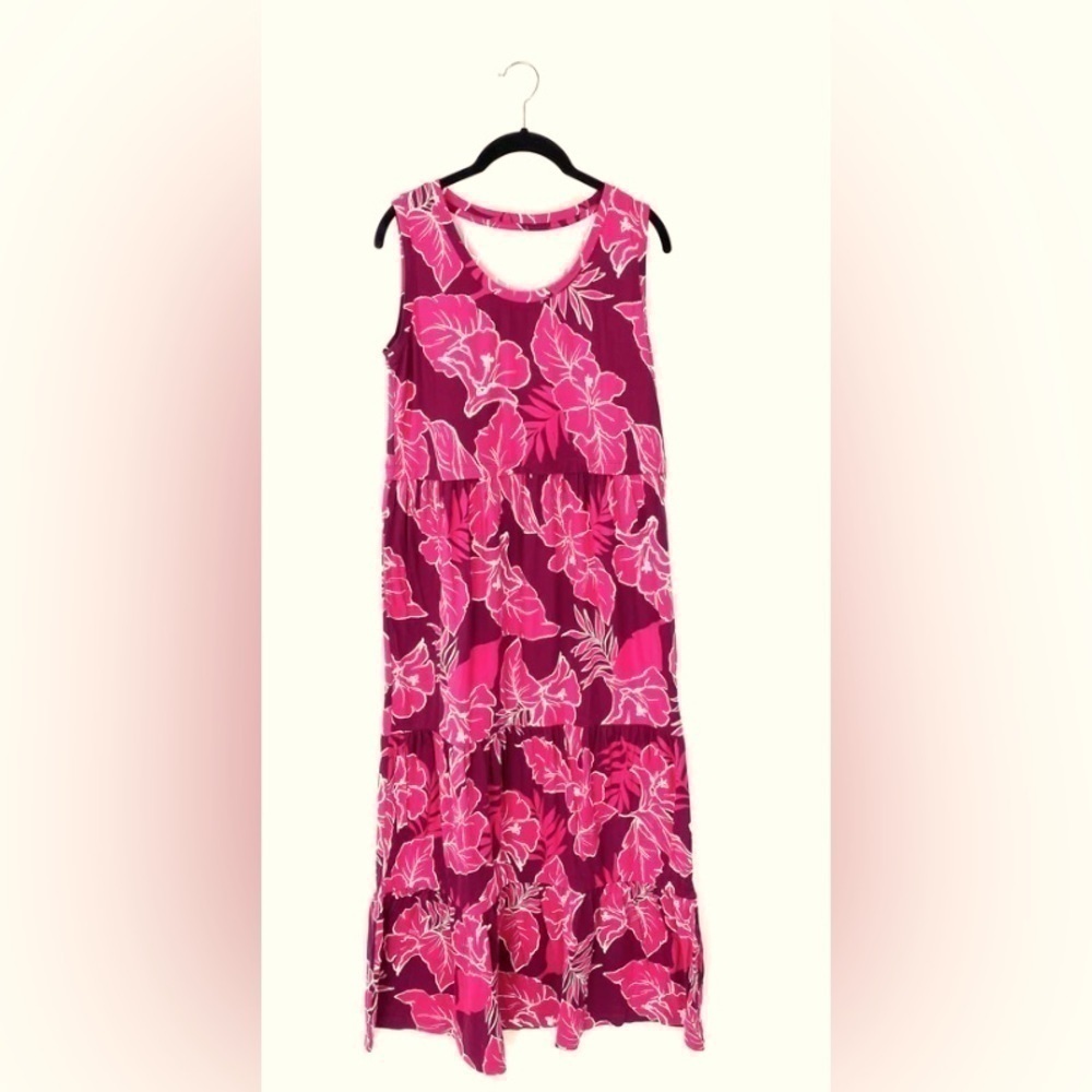 CUDDL Duds soft, pink and purple abstract floral maxi dress with a ruffle hem 1X